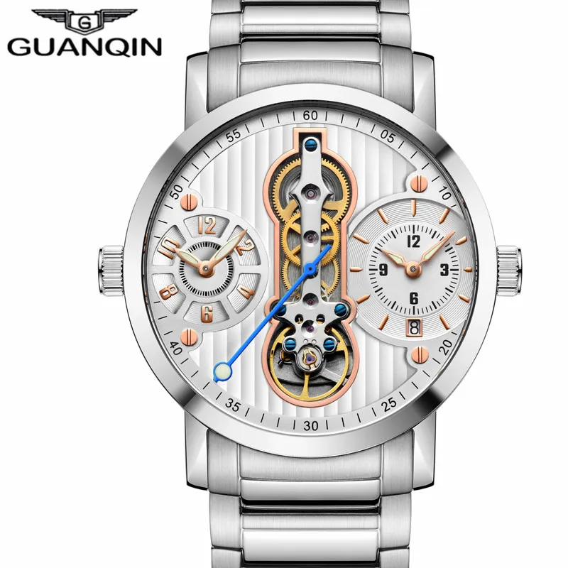 Мужские спортивные часы GUANQIN Tourbillon водонепроницаемые с автоматическим скелетом