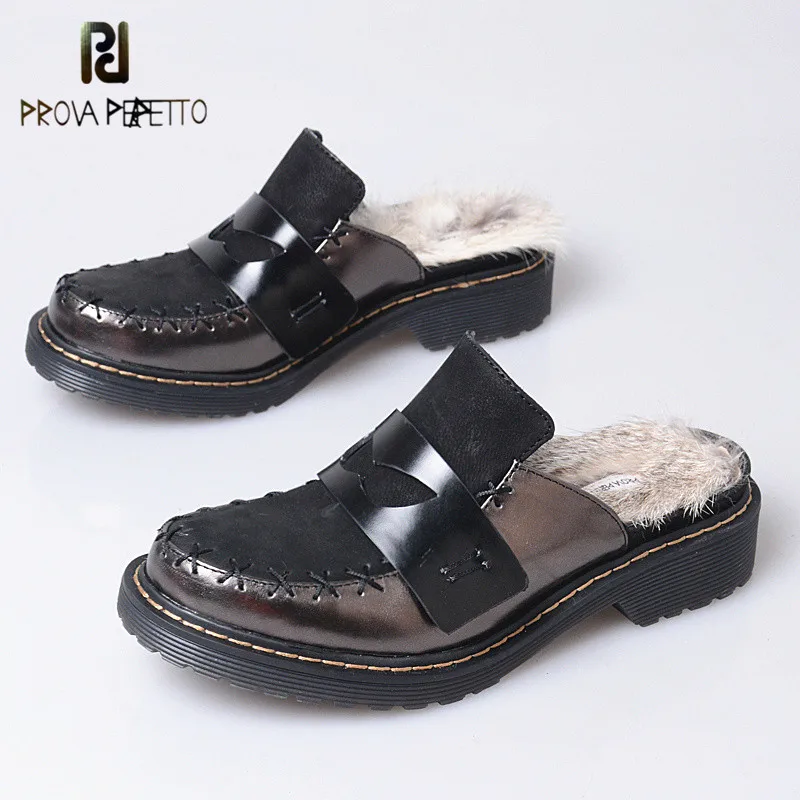 

Prova Perfetto 2018 Original Brand Keep Warm with Fur Cow Leather Woman Slippers Casual Fashion Genuine Leather Shoes Black