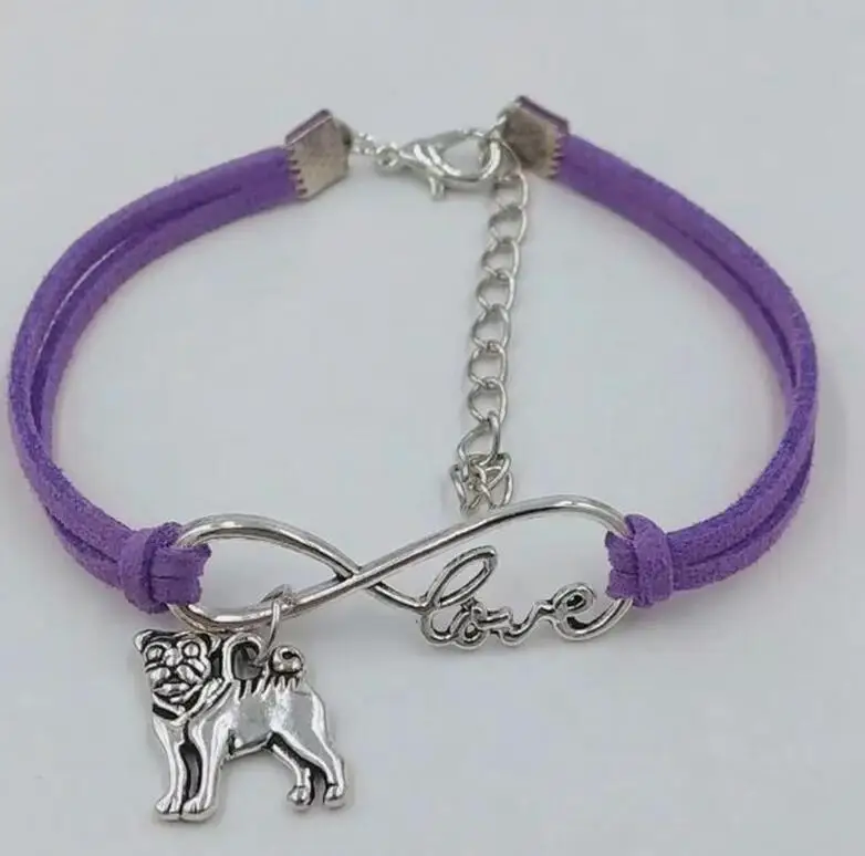 

Vintage Silver LOVE Infinity Charms Dog Chihuahua Pug Bracelet Bangle For Women Mixed color Velvet Rope Bracelets