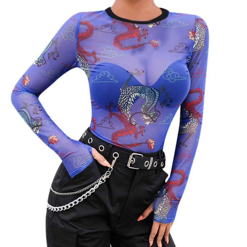

Fashion Women Mesh Perspective Long Sleeve Dragon Pattern Print Thumb Button Top