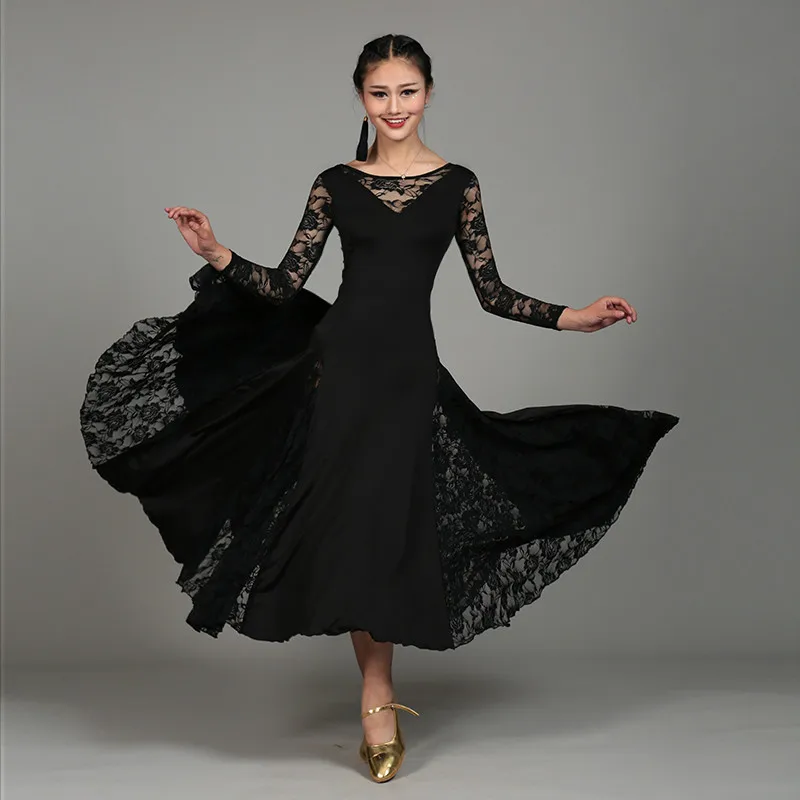 6 цветов, новое современное платье для танцев из молочного волокна, женские бальные тренировочные костюмы для вальса, танцевальная форма с большим подолом - Цвет: Черный