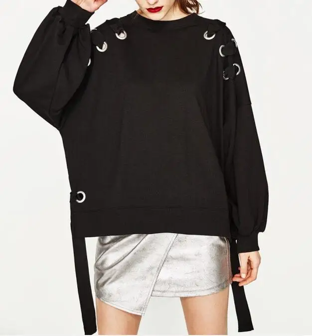 Col Nouveau Surdimensionné Longueur Noir 2017 Avec Sweat Oeillet En Longues Élégant Manches Rond Poignets Hanche Élastiques Femmes wIdqzq