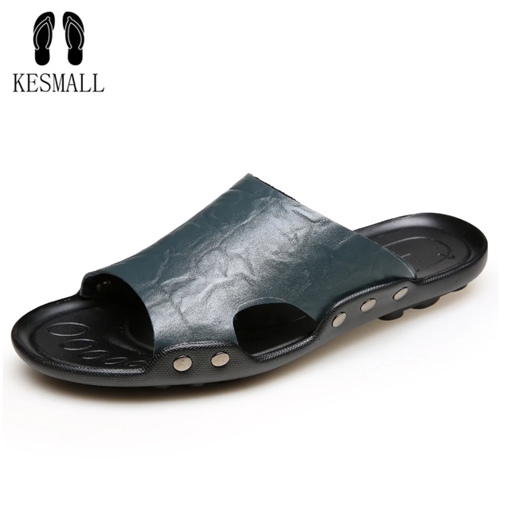 

KESMALL 2018 New Men's Flip Flops Genuine Leather Slippers Summer Fashion Beach Slippers Sandals Shoes For Men Big Size 48 WS79