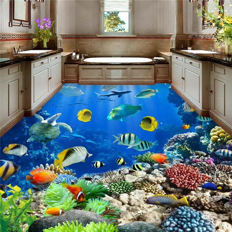 beibehang underwater world Tropical bathroom 3d flooring waterproof self-adhesive wall paper roll sticker painting 3d wallpaper