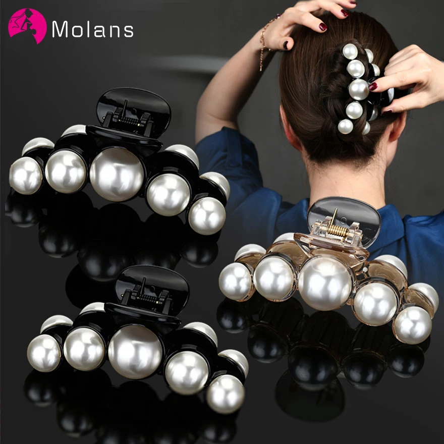 

Molans Elegant Pearls Beads Hair Claws for Women Hairpins Shiny Crystal Rhinestone Flower Hair Clips Hair Crab Accessories