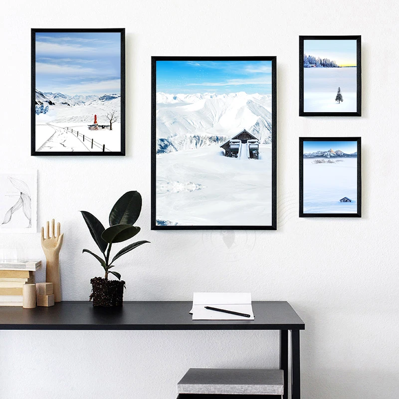 

Modern White Snow Landscape Pine Wood House Canvas Painting Study Room Office Foyer Mural Coffee Shop Home Decor Prints Poster