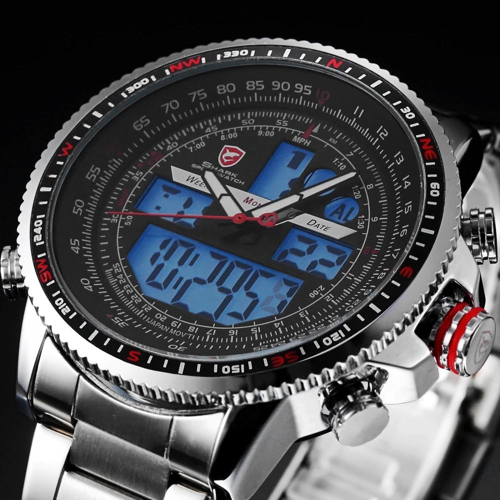 Luxury Winghead SHARK Sport Watch Men Black Dual Time Date Alarm Steel Band Relogio Masculino LCD Quartz Digital Watches /SH325N