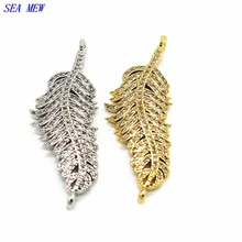 15mm*41mm Fashion Style Copper Crystal Rhinestone Feather Connectors Pendant 3 Colors Plated For Women DIY Jewelry Making