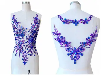 

hand made purple sew on Rhinestones applique on mesh crystal patches trim 50*30/30*20cm for dress back/and front