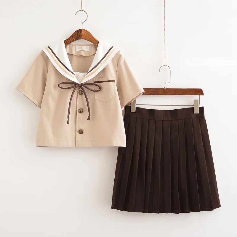 New Arrival Japanese School Girl Uniforms Short Sleeve Brown Shirt+Skirt with Tie 3pcs Set China