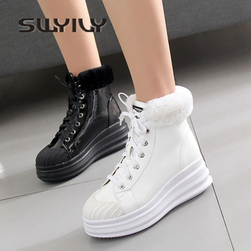 SWYIVY Woman Sneakers High Top Winter Velvet Fur Warm Shoes 2018 Winter Female Platforn Casual Shoes Plush Fur Sneakers Ankle