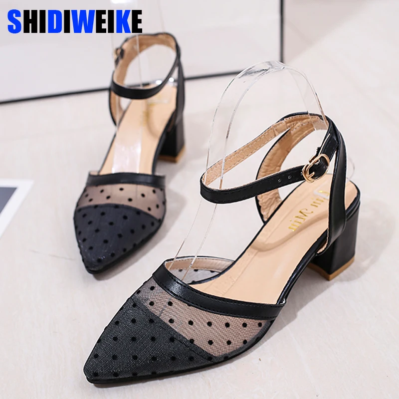 

spring new Female coarse sandals high-heeled shallow mouth pointed toe Mesh shoes work shoes women sexy Wave point high heels