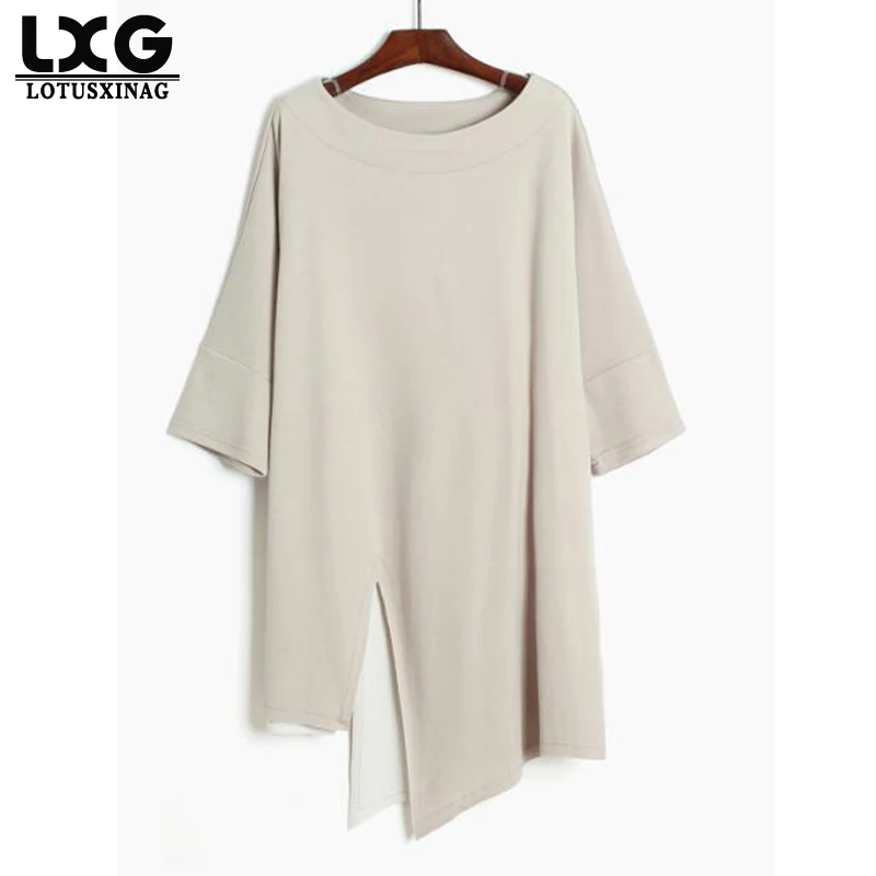 

lotusinag Maternity New Spring Summer Round Neck Short Sleeve Black Loose Large Size Hem Vent Irregular T-shirt Women Fashion