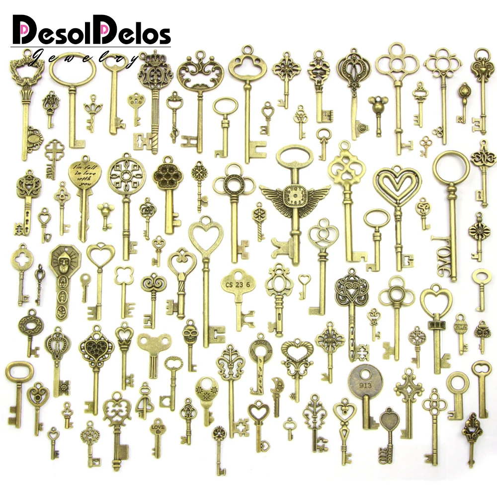 

100pcs/lot Vintage Charms Mixed Keys Pendant Antique bronze key charms Fit Bracelets Necklace DIY Metal Jewelry Making