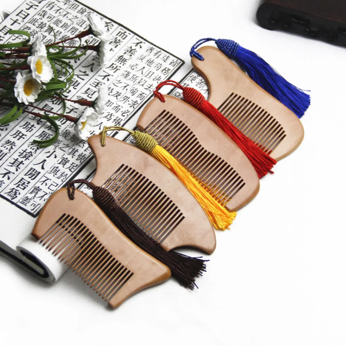 

Portable Small Comb Natural Mahogany Thick Carved Wooden Comb Supple Anti-static Massage Scalp Healthy Hair Brush with Tassel