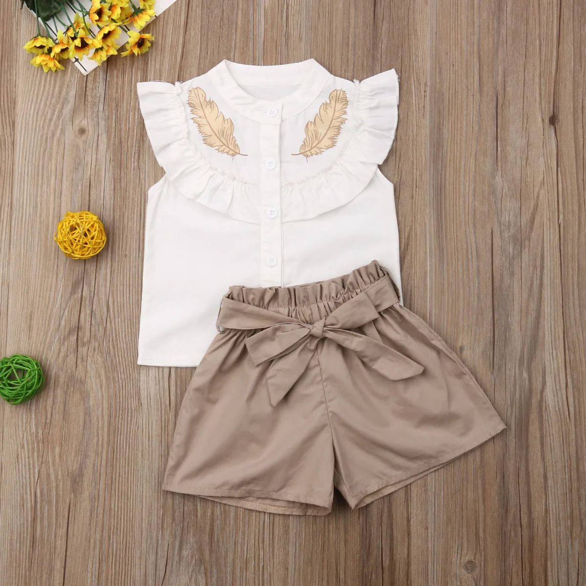 

Pudcoco Toddler Baby Girl Clothes Golden Feather Ruffle Button Tops Short Pants 2Pcs Outfits Summer Clothes