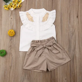 

Pudcoco Toddler Baby Girl Clothes Golden Feather Ruffle Button Tops Short Pants 2Pcs Outfits Summer Clothes