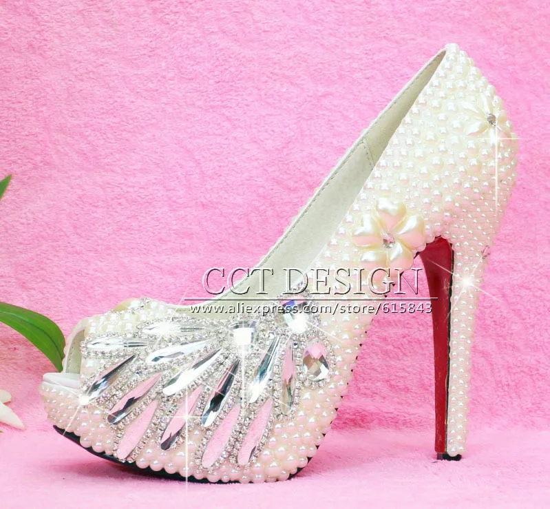 new arrival peep toe platforms glass feather rhinestone and ivory pearls wedding bridal shoes diamond high heels