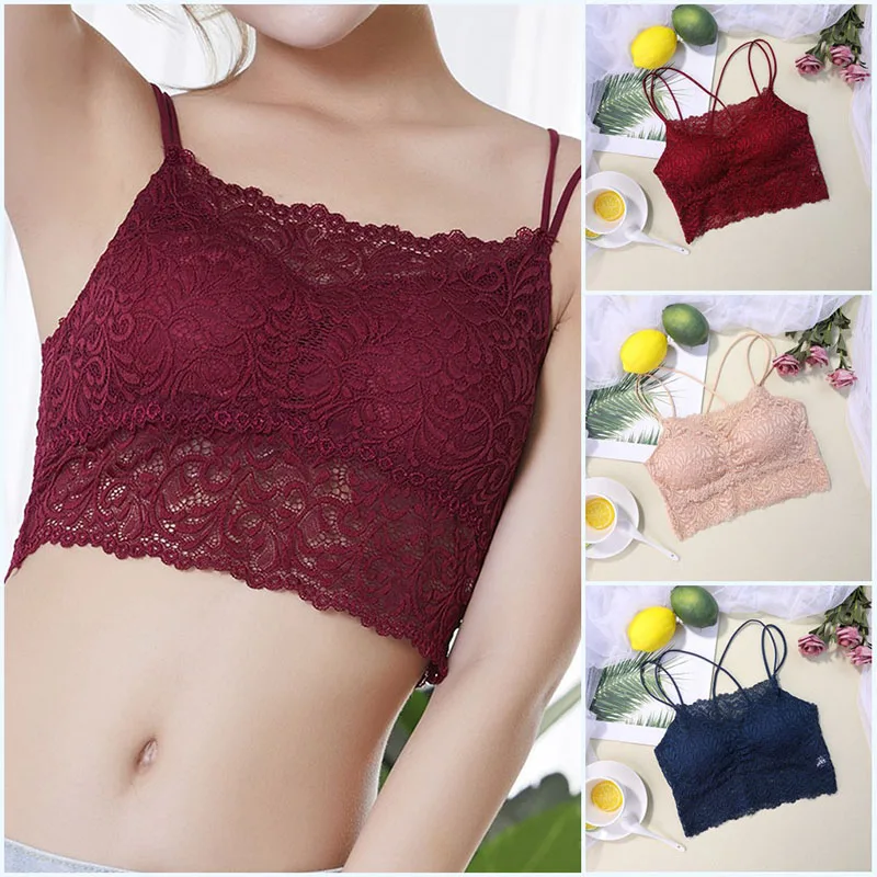 

Fashion Lace Patchwork Sling Detachable Chest Pad Seamless Back Cross Bra Tube Tops Solid Color Camisoles Slim Tops Women