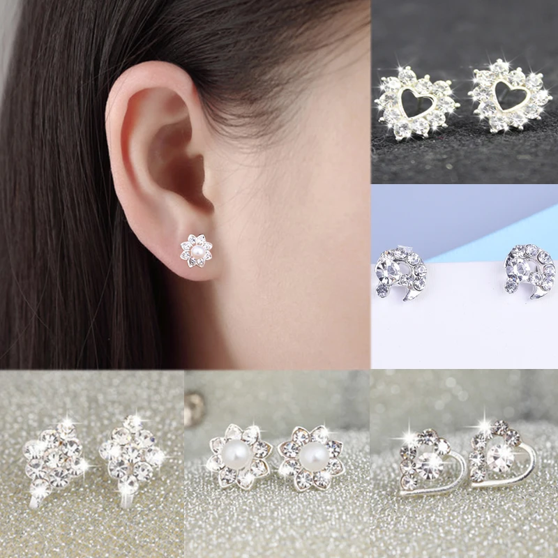 

1Pair 2018 New Arrival Korean Crown Buterfly Allergy Free Triangle Rabbit Pearl Flower Blue 19 Models Silvery Free Shipping