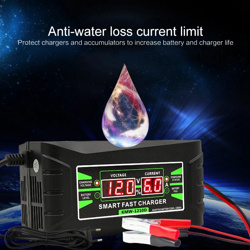 

Full Automatic Car Battery Charger 90V To 260V To 12V 6A Intelligent Fast Power Charging Wet Dry Lead Acid Digital LCD