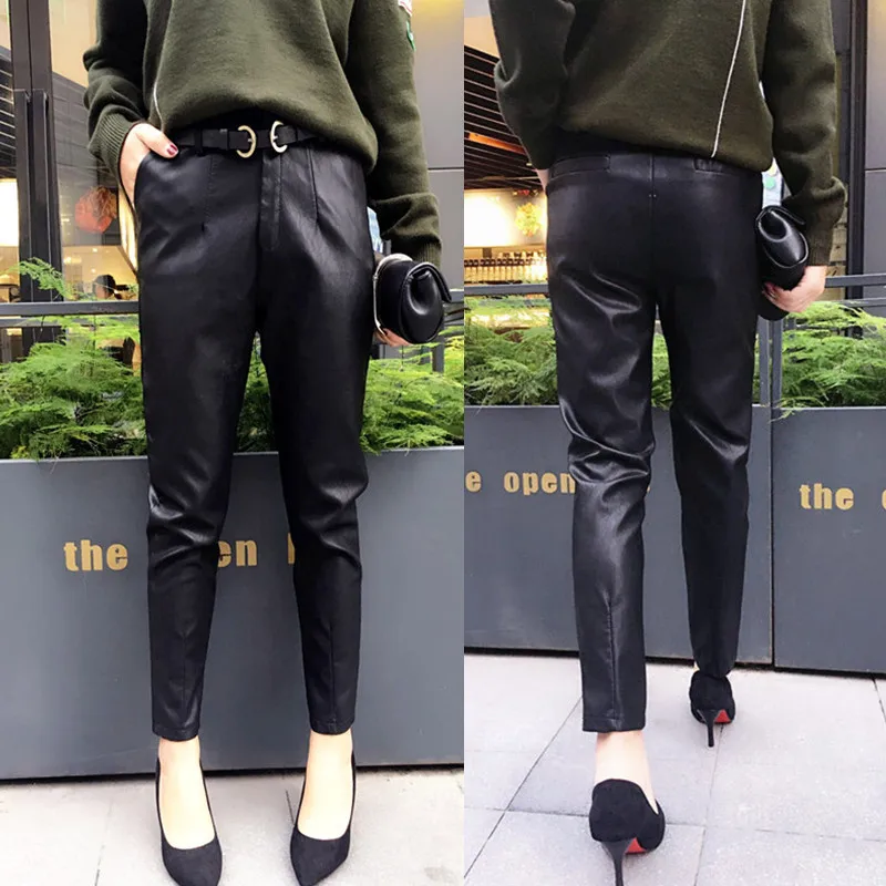 

2019 High waist autumn Women Stretch PU Leather Pants Black Leather Trousers Ladies Plus Size Female Harem Pants pantalon femme