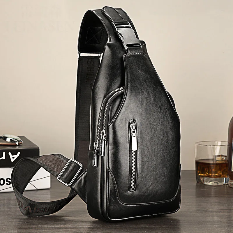 Мужская Дизайнерская маленькая нагрудная сумка-мессенджер из искусственной кожи, мужская и женская сумка-мессенджер, модная дорожная сумка через плечо, зарядка через USB - Цвет: black