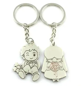 

free shipping 60sets/lot zinc alloy bride and groom with Bouquet couple keychain sets cheap customized personalized wedding gift
