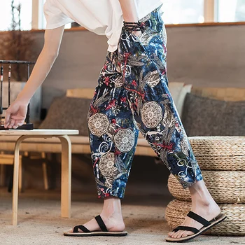 

2019 linen men floral printed fashion men joggers trousers casual summer loose work sweatpa chinese style loose pant