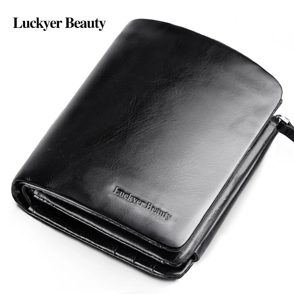 Black Men Wallets Genuine Leather Short Male Wallet Men Purse Wallet Fashion Coin Purse Card Holder Oil Wax Leather Process 105