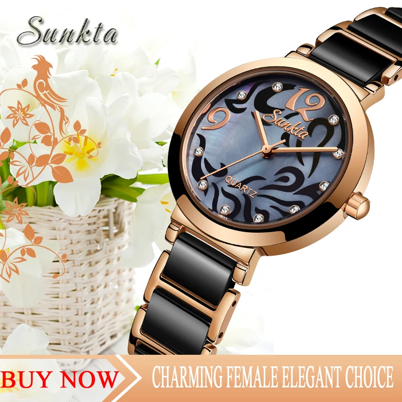 SUNKTA новые женские часы с керамическим ремешком из розового золота, Модные Простые повседневные часы, Кварцевые водонепроницаемые женские часы Zegarek Ddamski