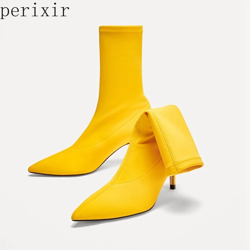 

Fashion High Stiletto Heels Elastic Boots Lycra Boot 2019 Bright Color Autumn Women Sexy Pointy Toe Stocking Sock Shoes Pumps