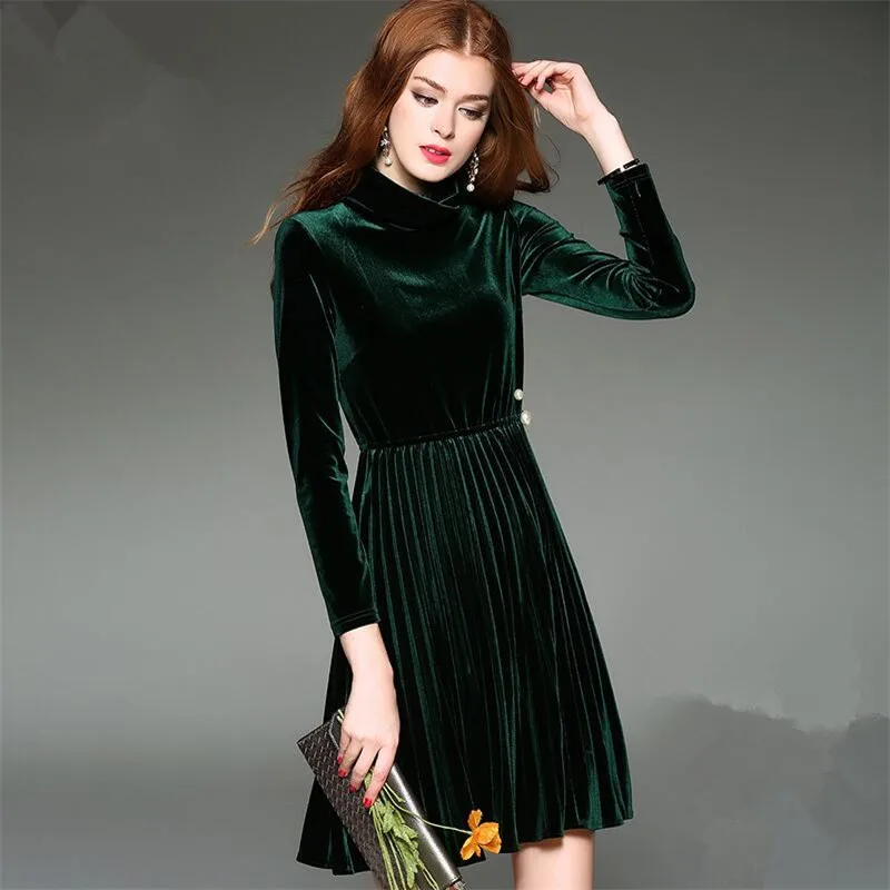 2022 Autumn Winter Elegant Dress Pleated Gold Velvet Office Causal
