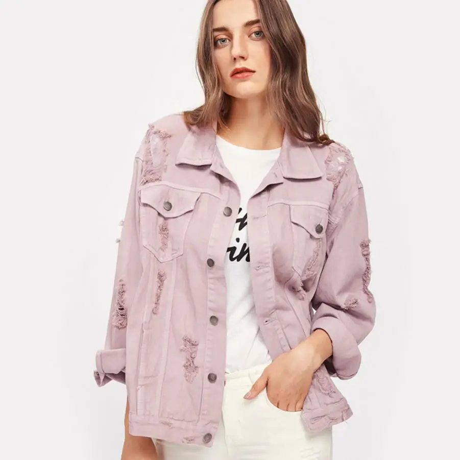 

Boyfriend Denim Jacket Autumn Womens Jackets pink turn down Single Breasted Casual jeans Jacket
