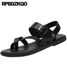 Мужские сандалии-гладиаторы; летние шлепанцы на ремешке; цвет черный, итальянский; открытый носок; кожаные шлепанцы без застежки; непромокаемые римские сандалии