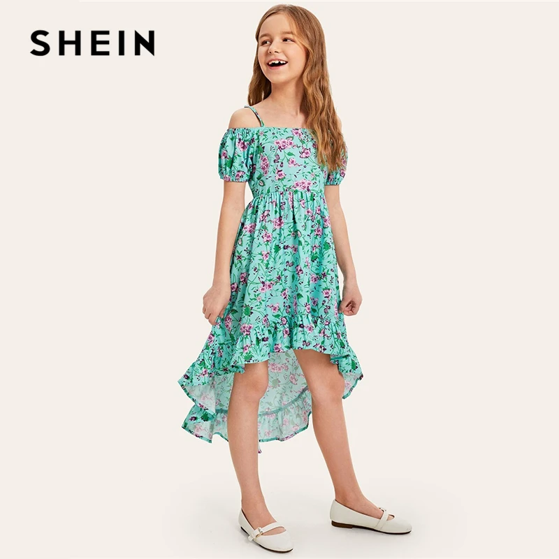 SHEIN Kiddie Girls Green Floral Print Cold Shoulder Ruffle Holiday Cami Dress 2019 Summer Bishop Sleeve Boho Kids A Line Dresses SHEIN Kiddie Girls Green Floral Print Cold Shoulder Ruffle Holiday Cami Dress 2019 Summer Bishop Sleeve Boho Kids A Line Dresses