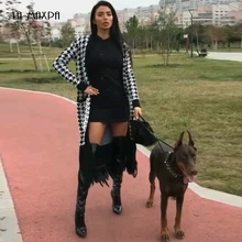 Новая мода Элегантный плед сексуальный v-образный вырез перо дизайн с длинным рукавом тонкий искусственный шелк длинный бинт женский жакет