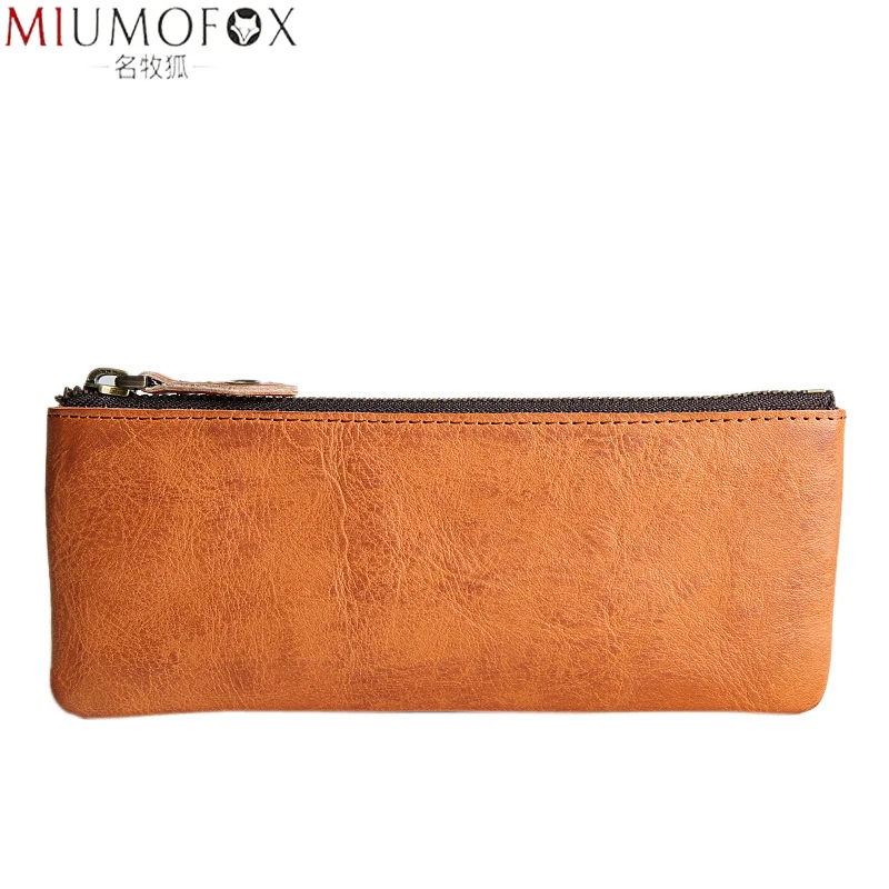 

100% Genuine Leather Zipper Pen Pouch Pencil Bag Large Capacity Vintage Unisex Leather Handmade Creative Coin Purse Minimalism