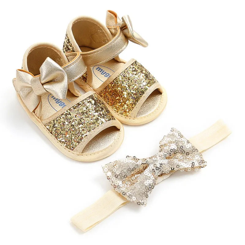 

Sequins big bow Hairband and soft sole PU first walker shoes Ribbon toddler baby Ballet Princess Shoes for 0-18M hot