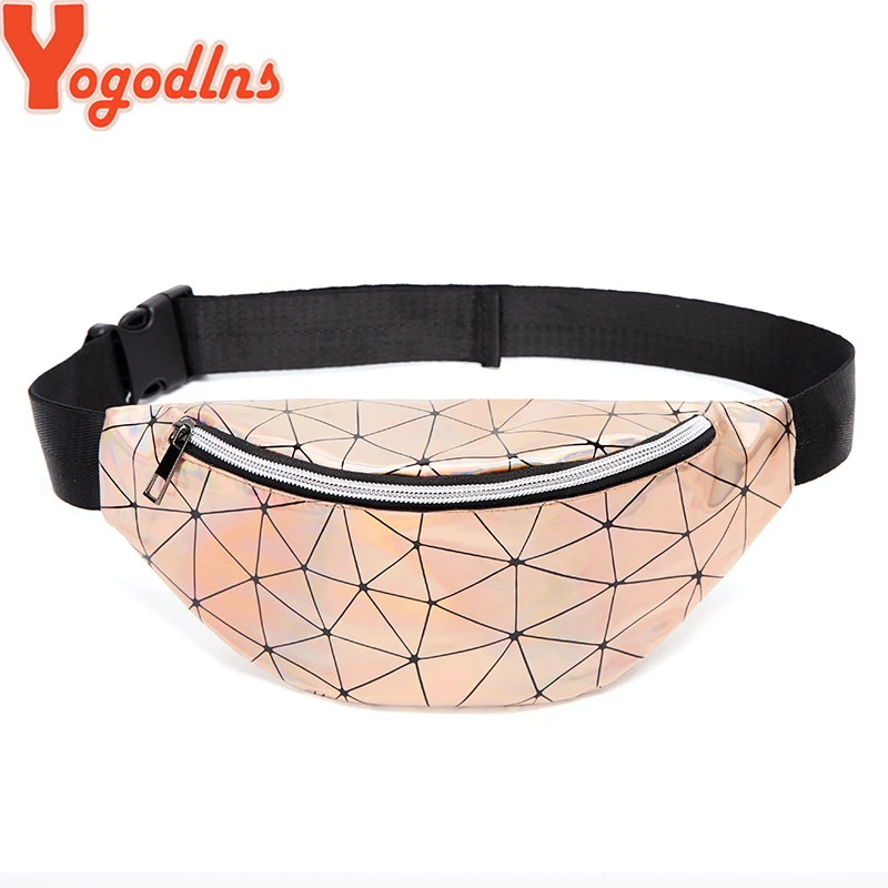 

Yogodlns Holographic Fanny Pack for Women Geometric Plaid Women Laser Bum Bag Reflective Sliver Belt Waist Bag Holographic Purse