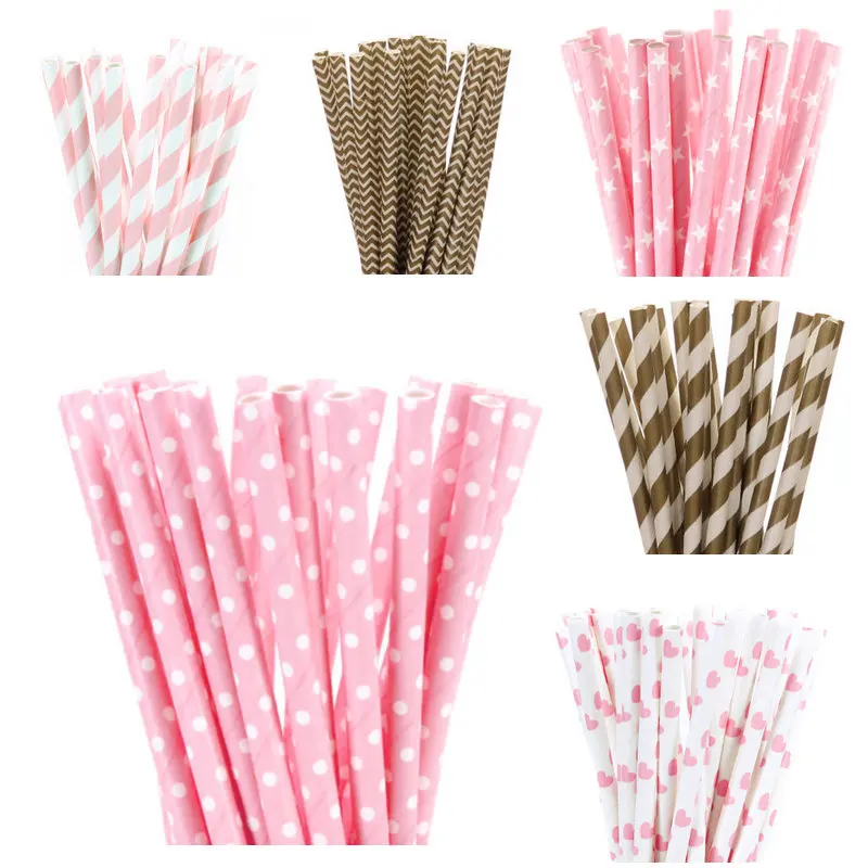 

25pcs/lot Metallic Gold Light Pink Paper Straws For Kids Happy Birthday Wedding Decorative Event Party Supply