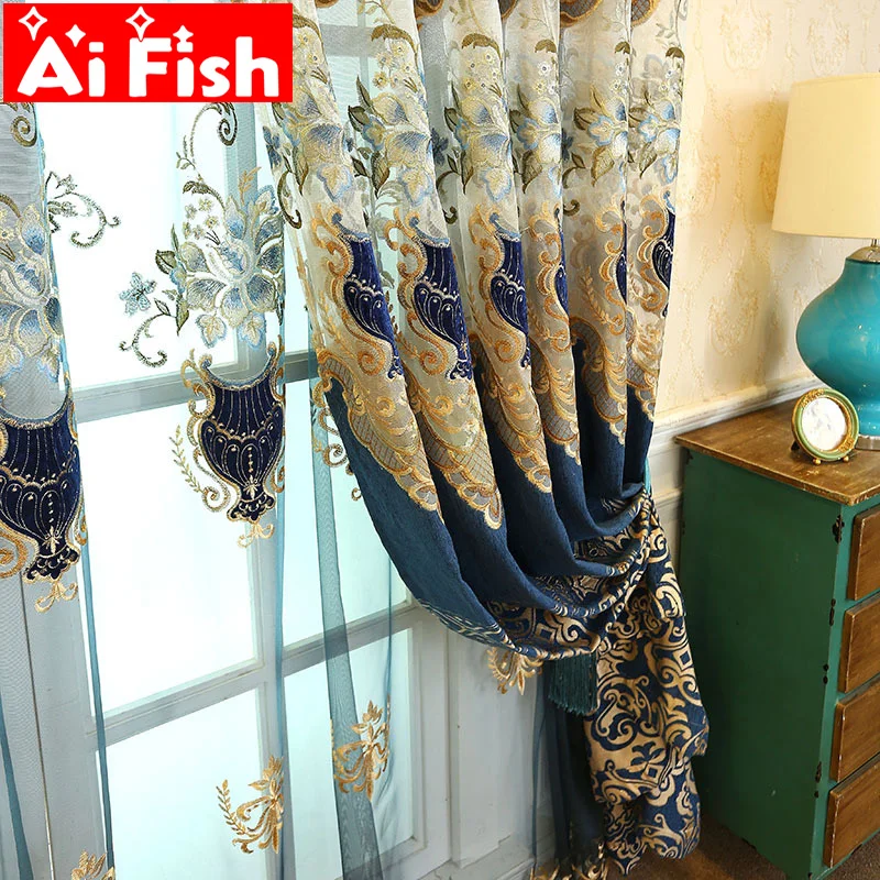 

Luxurious Embroidery Curtain For Living Room Bronzing Jacquard Curtain For Bedroom Spun Blue Embroidery Tulle Curtains M034-40