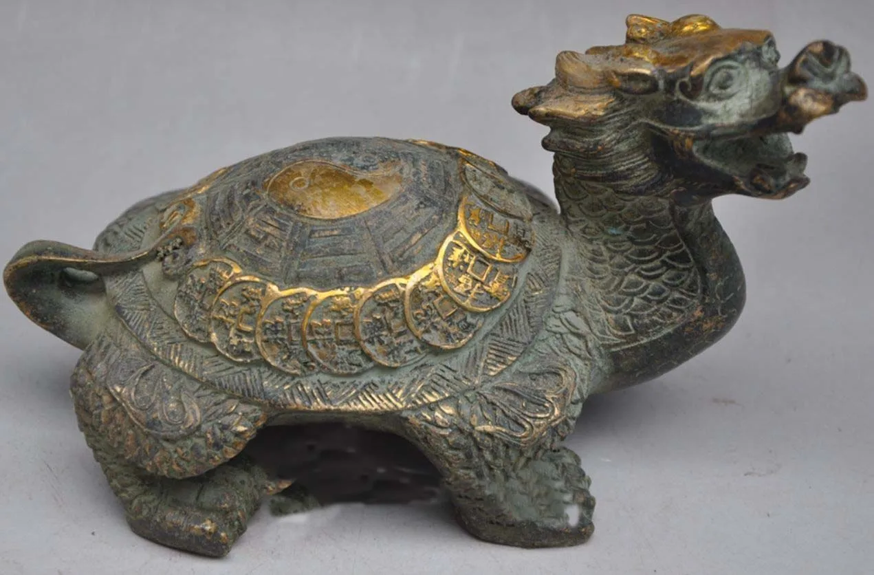 

Chinese Bronze Gilt Carving Dragon Turtle Dragons Tortoise Animal Statue