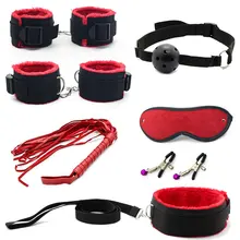 7 Pcs Bondage Set Cotton Red BDSM Restraint Sex Toys for Couple Handcuffs Sexy Mark Whip