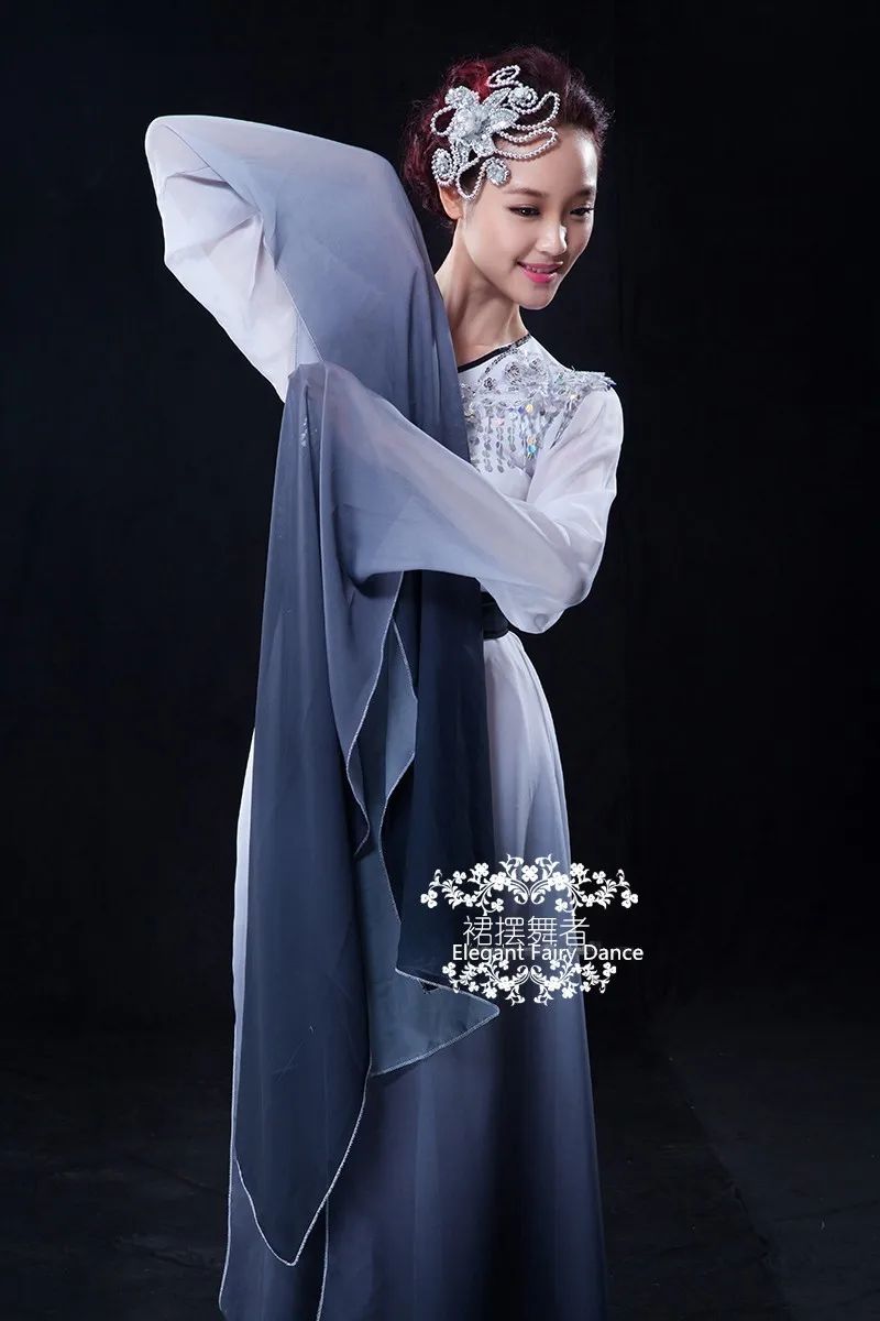 chinese long sleeves dance costumes black and white gradient color water sleeves Poetry ink Classical dance fairy costume