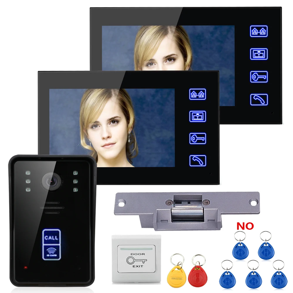 

MOUNTAINONE 7" RFID Video Door Phone Intercom Doorbell 2 Monitors Touch Button Night Vision +Electric Strike lock