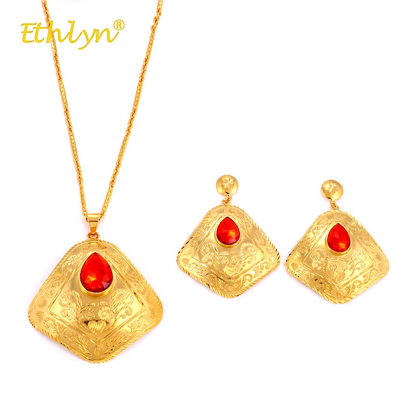 

Ethlyn 3Pcs Luxury Jewelry Set for Women Africa/the Middle East/Ethiopia Wedding Big geometric Necklace/Earrings/Ring Crystal