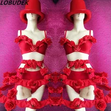 Красный, белый цветы бикини юбка из 4 предметов Для женщин этап наряд бар вечерние Show Костюм Go-Go для выступления певца костюм танец Костюмы