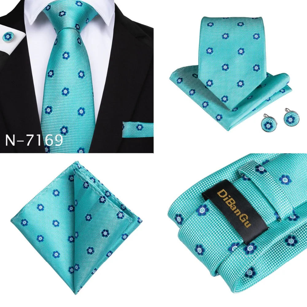DiBanGu Мужские галстуки с зеленым цветочным узором в клетку, в горошек, шелковые галстуки, карманный квадратный зажим, набор, DiBanGu Свадебный галстук для мужчин, BK-001