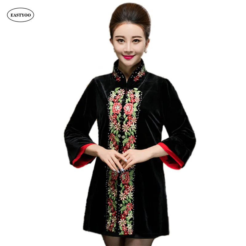 Velvet Cheongsam Dress Women Bead Long Sleeve Spring Chinese Tang Suit Tops Large Size 5xl Blue